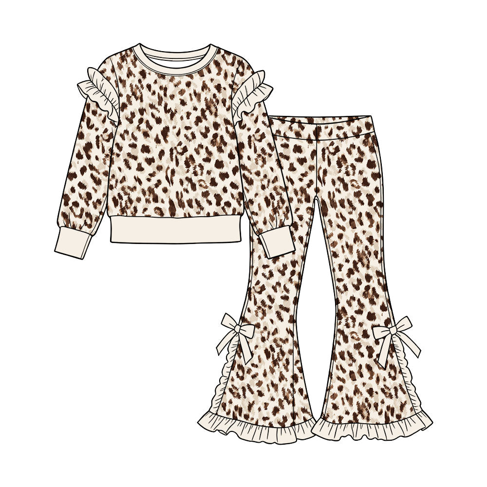 Preorder (moq 5) Baby Girl Clothes Neutral Leopard Print Long Sleeve Ruffle Top Bow Flare Pant Set