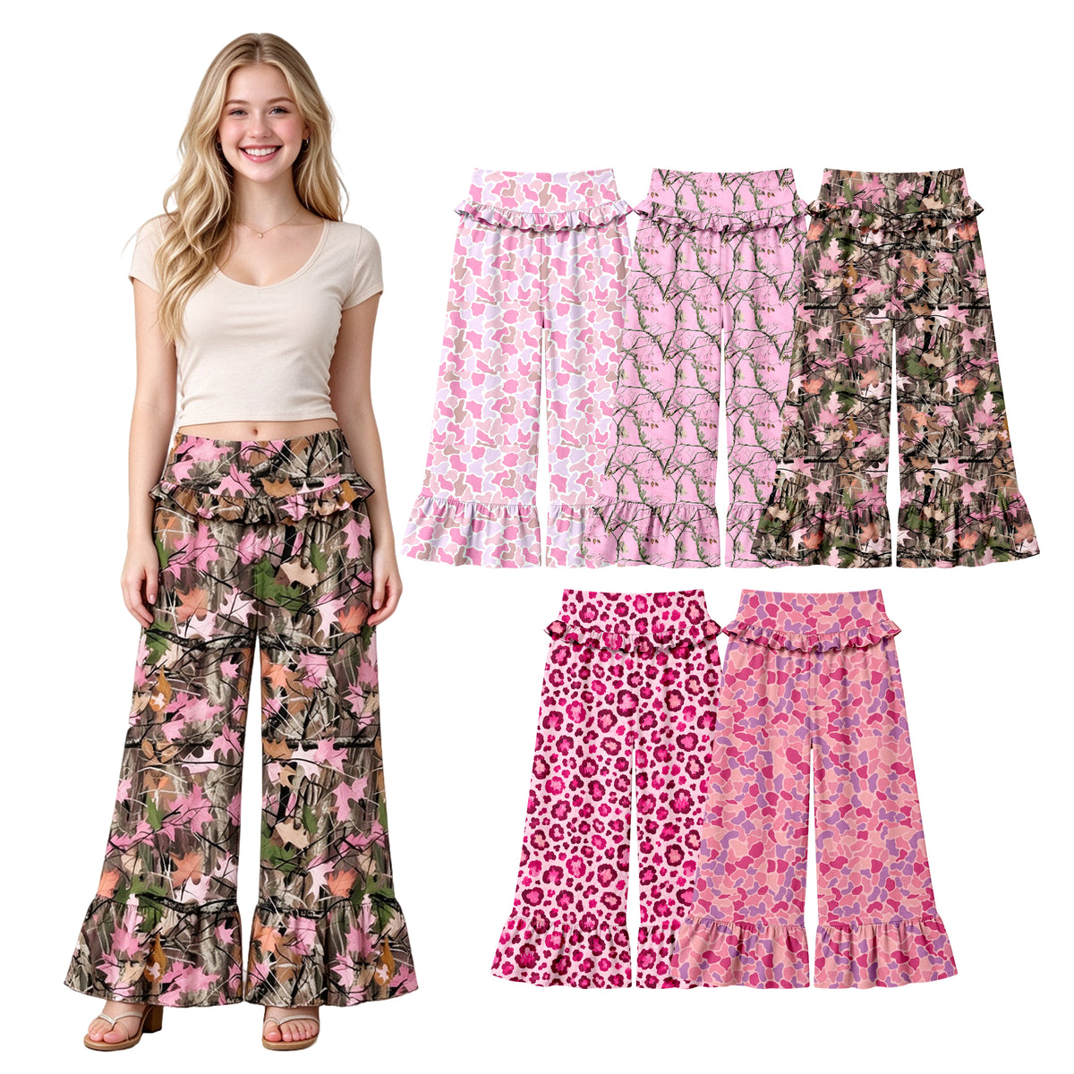 Preorder (moq 5) Women Clothes Pink Brown Leaf Camo Print Ruffle High Waist Flare Pant