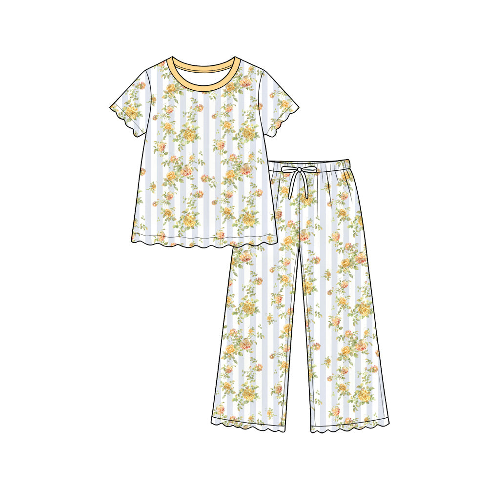 reorder (moq 5) Baby Girl Clothes Blue Stripe Yellow Floral Mixed Print Short Sleeve Pajama Pant Set