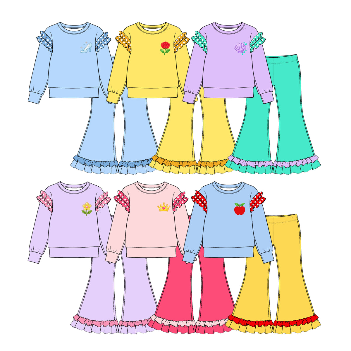 Preorder (moq 5) P1301 Baby Girl Clothes Solid Yellow Plain Print Long Sleeve Ruffle Flare Pants