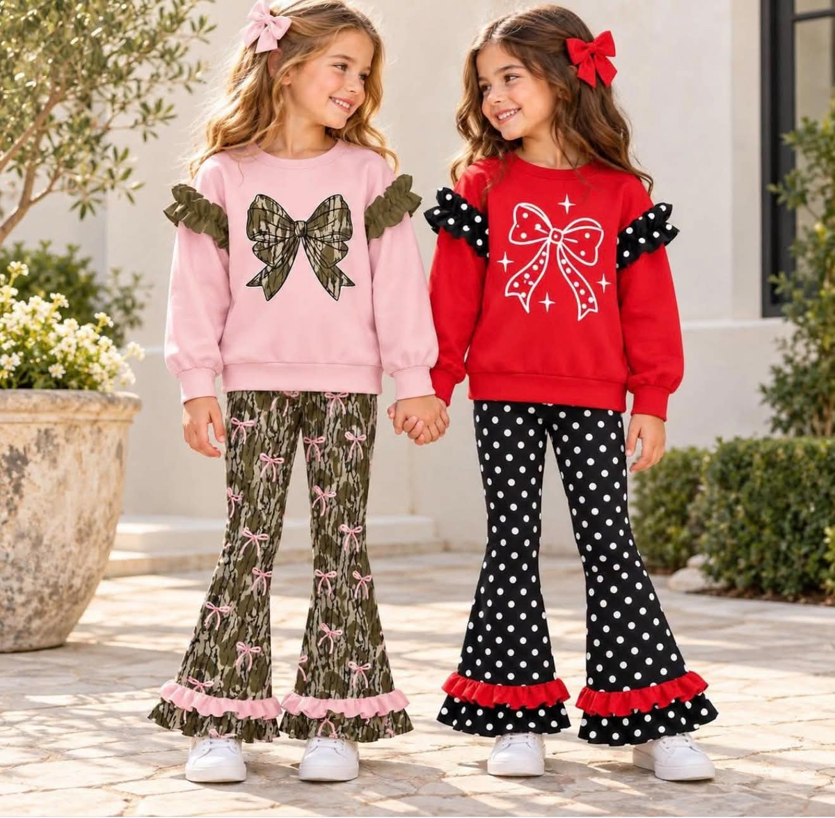 Preorder (moq 5) P1294 Baby Girl Clothes Black Checker Mixed Print Long Sleeve Red Ruffle Flare Pant