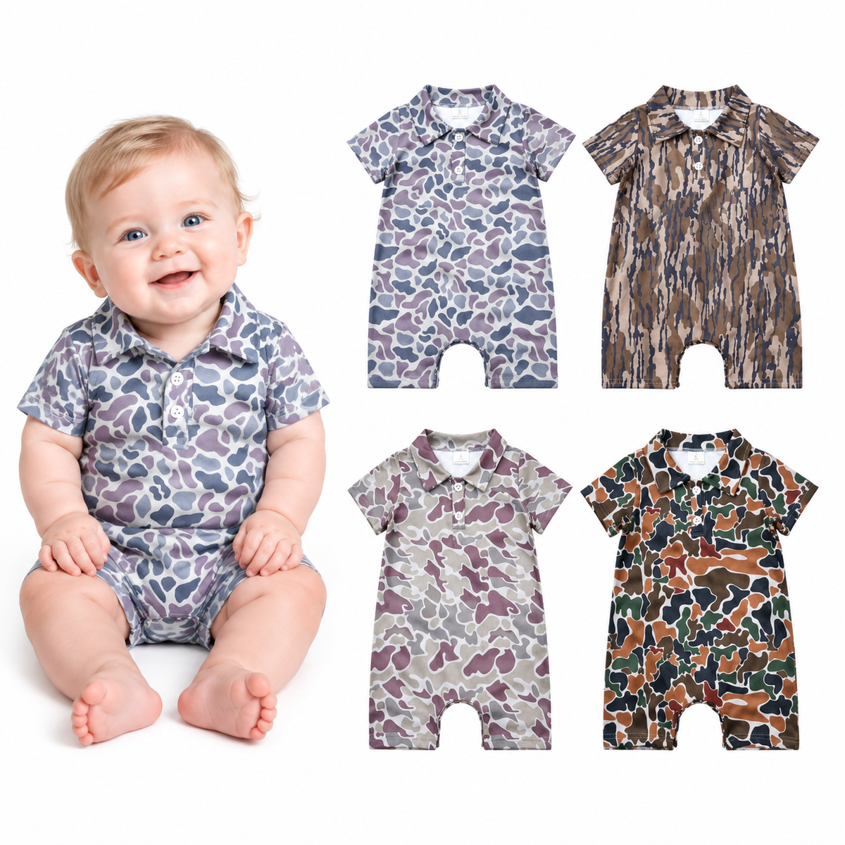 NO MOQ RTS SR2973 Baby Boy Clothes Grey Purple Camo Print Short Sleeve Polo Romper 202610