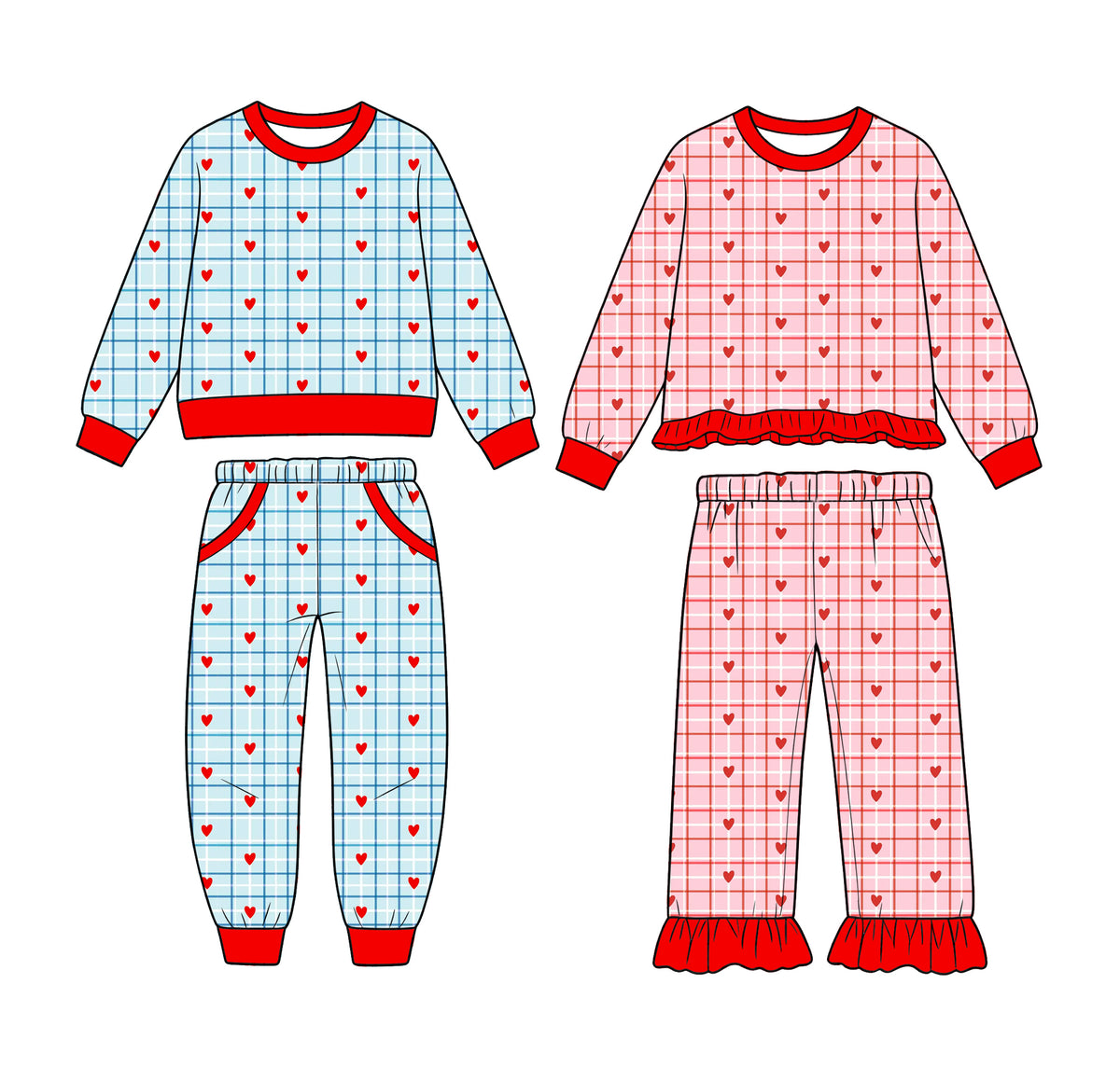 Preorder (moq 5) BLP1654 Baby Boy Clothes Valentine Blue Gingham Red Heart Print Long Sleeve Jogger Outfit Set