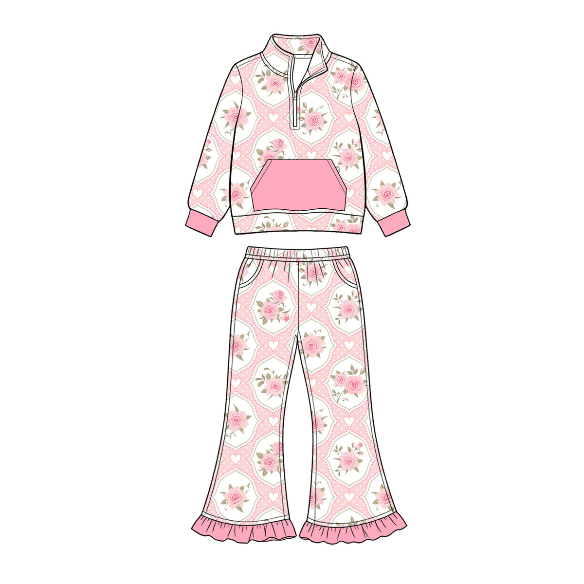Preorder (moq 5) Baby Girl Clothes Medallion Rose Heart Allover Print Long Sleeve Half Zip Flare Pant Set