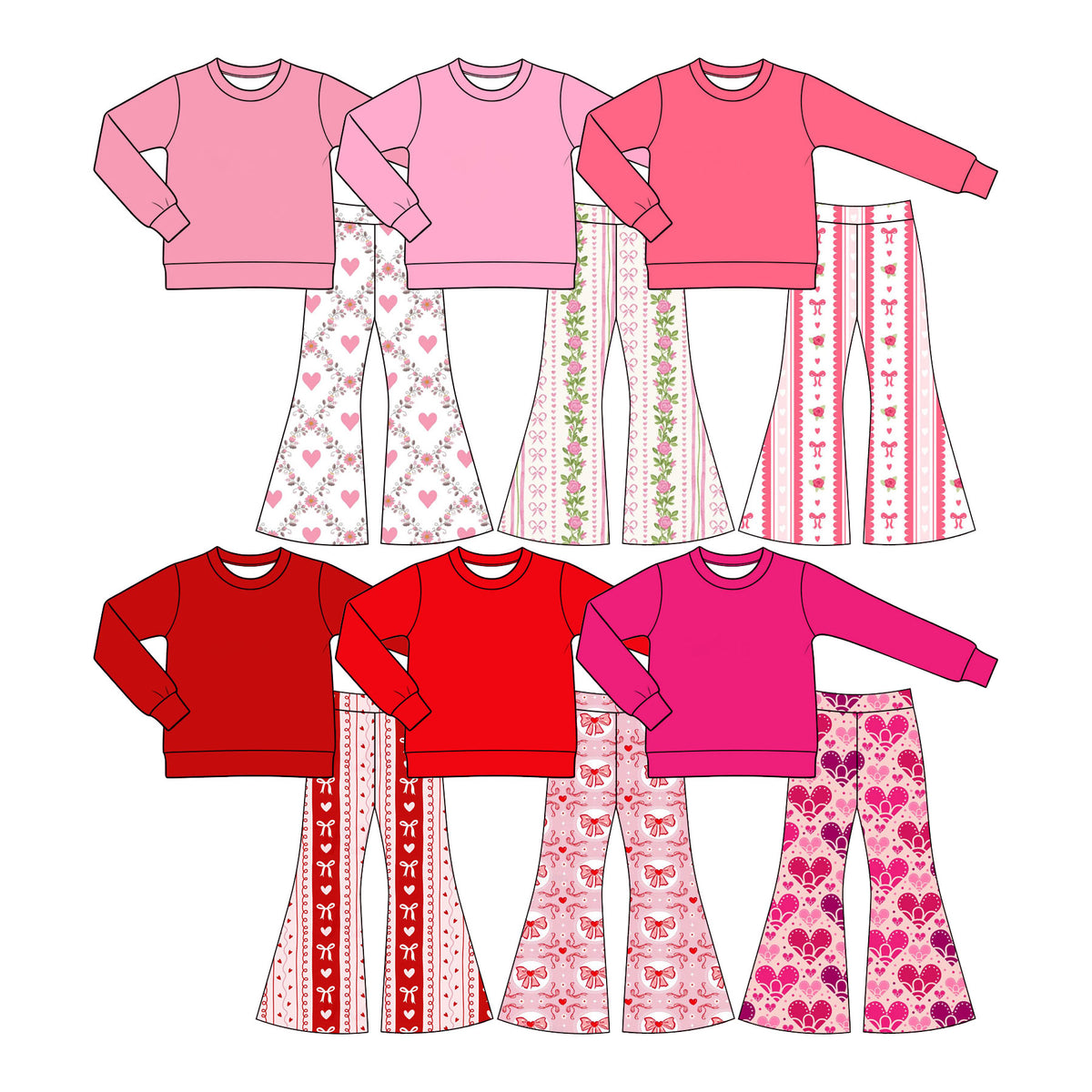 Preorder (moq 5) Baby Girl Clothes Solid Red Top Bow Heart Circle Print Flare Pants Outfit Set