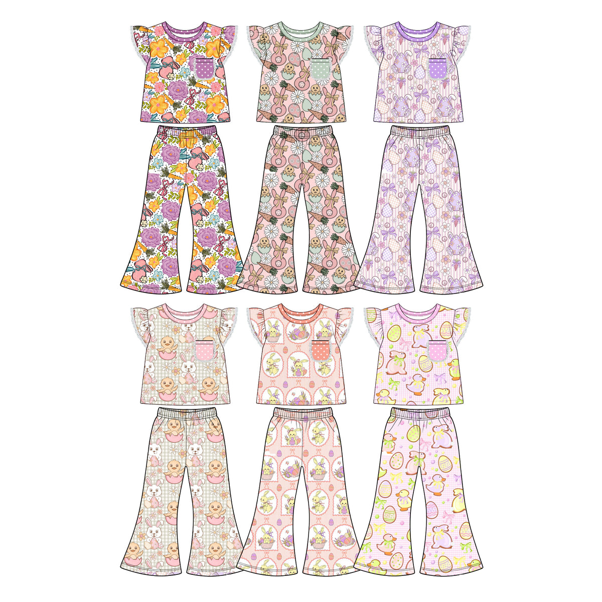Preorder (moq 5) Baby Girl Clothes Easter Bunny Bow Checkered Egg Mixed Print Short Sleeve Flutter Top Flare Pant Set