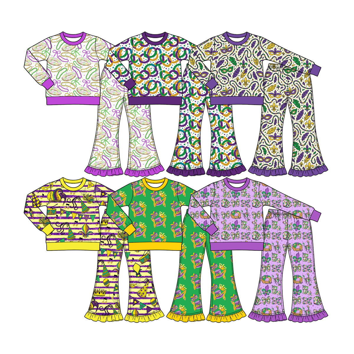 Preorder (moq 5) Baby Girl Clothes Mardi Gras Party Hat Drum Stripe Mixed Print Long Sleeve Flare Pant Set