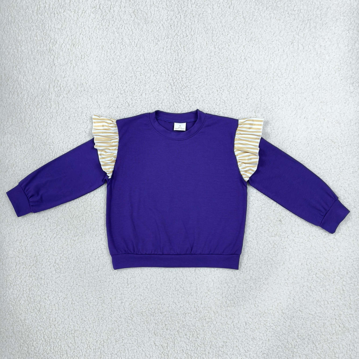 NO MOQ RTS GT1846 Girl Clothes Solid Purple Plain Print Long Sleeve Beige White Stripe Ruffle Shoulder Sweatshirt 202610