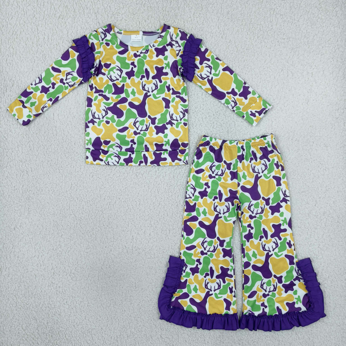 NO MOQ RTS GLP3872 Baby Girl Clothes Mardi Gras Deer Camo Print Long Sleeve Flare Pant Set 202610