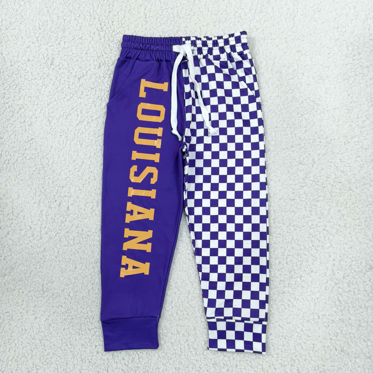 NO MOQ RTS P1061-vinyl Baby Girl Clothes Louisiana Letter Checker Mixed Print Short Sleeve Jogger Pants 202610