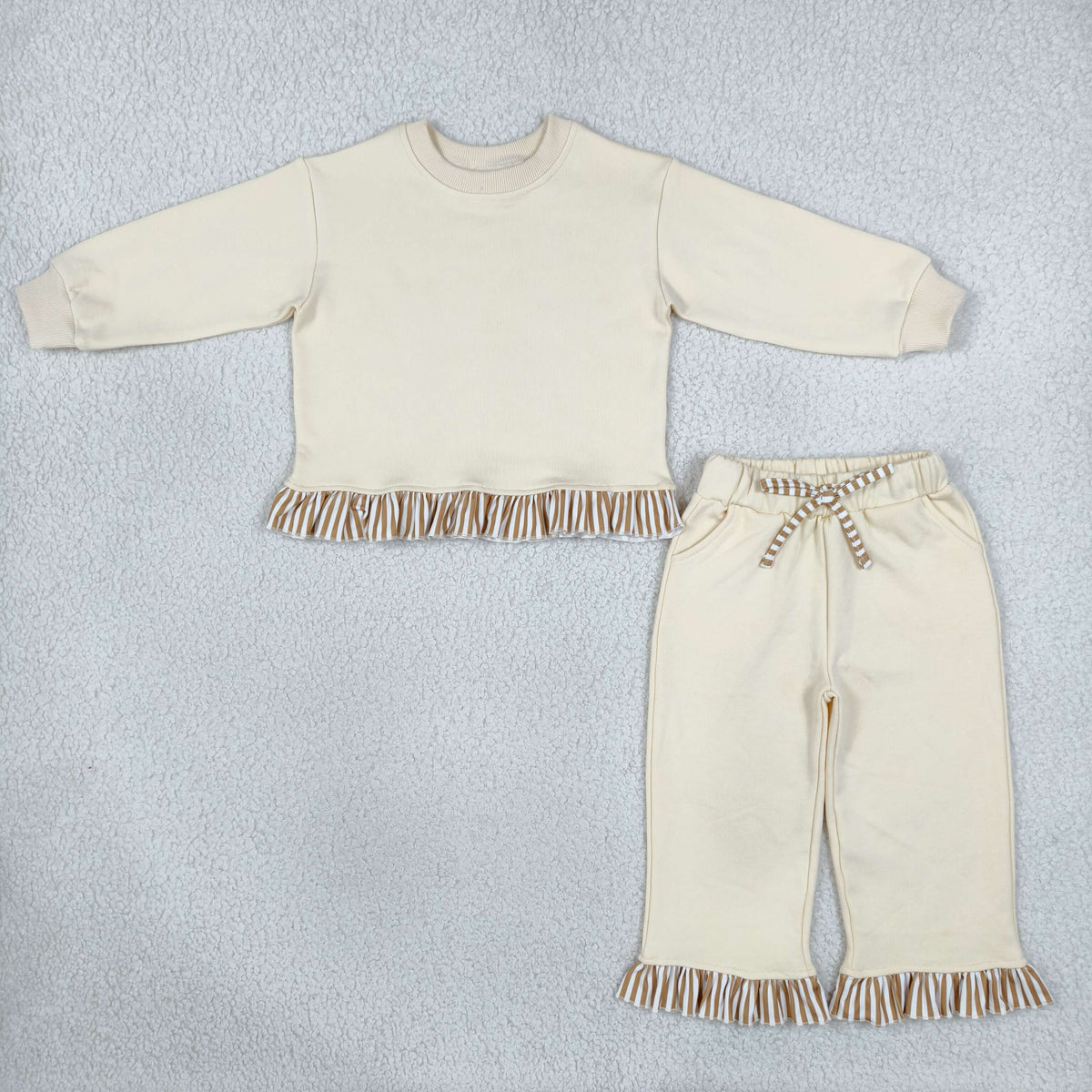 NO MOQ RTS GLP3645 Baby Girl Clothes Solid Cream Striped Ruffle Trim Print Long Sleeve Pant Set 202610