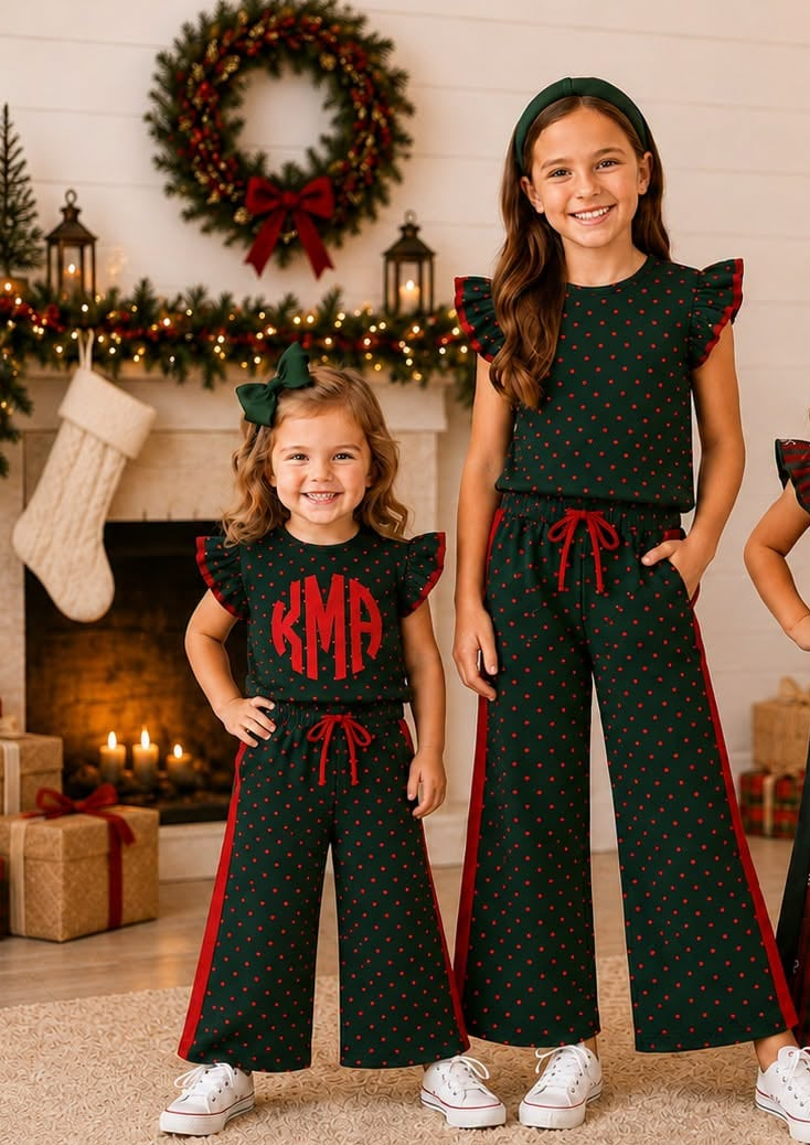 CUSTOM MOQ5 Baby Girl Clothes green Polka Dot Print Short Sleeve Ruffle Top Wide Leg Pant Set