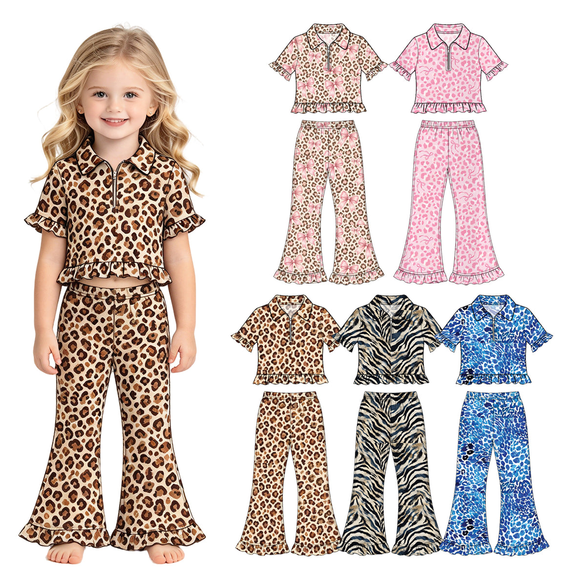 Preorder (moq 5) Baby Girl Clothes Vintage Zebra Stripe Print Short Sleeve Ruffle Flare Pant Set