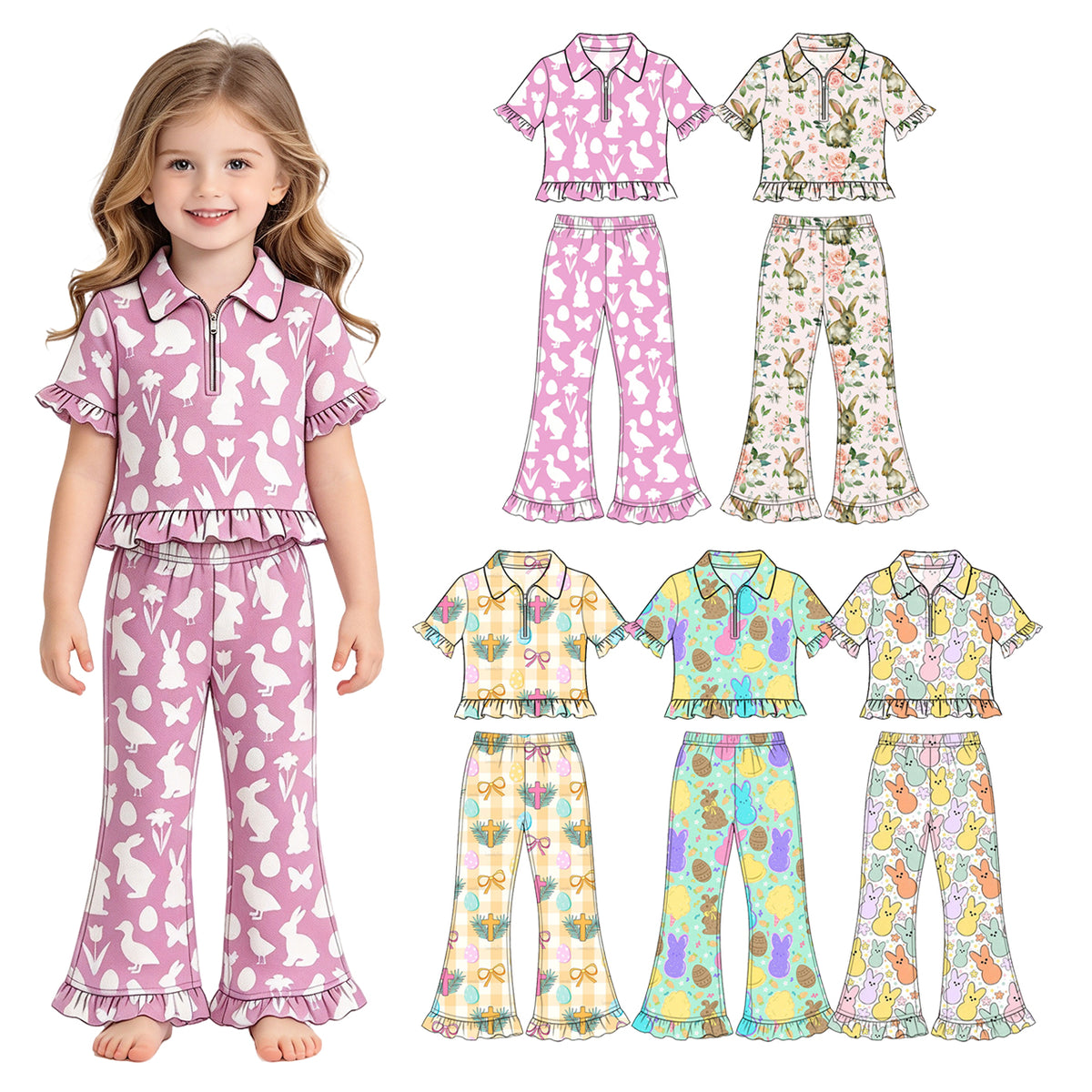 Preorder (moq 5) Baby Girl Clothes Easter Bunny Duck Silhouette Pink Print Short Sleeve Ruffle Flare Pant Set