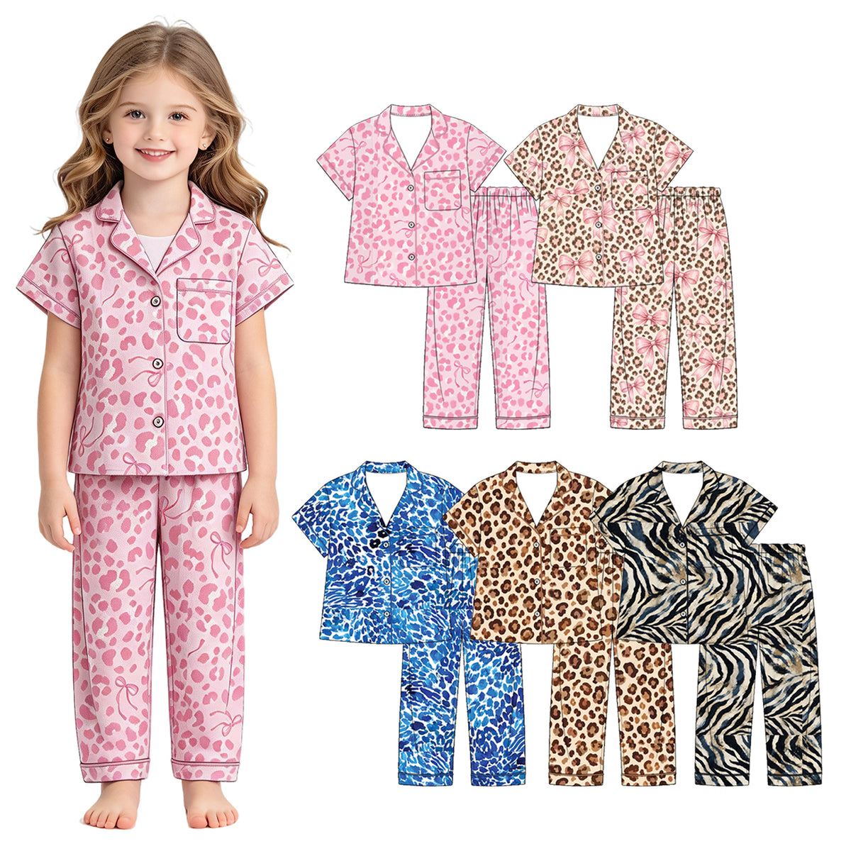 Preorder (moq 5) Baby Girl Clothes Soft Pink Leopard Bow Print Short Sleeve Lapel Button Down Pajama Set