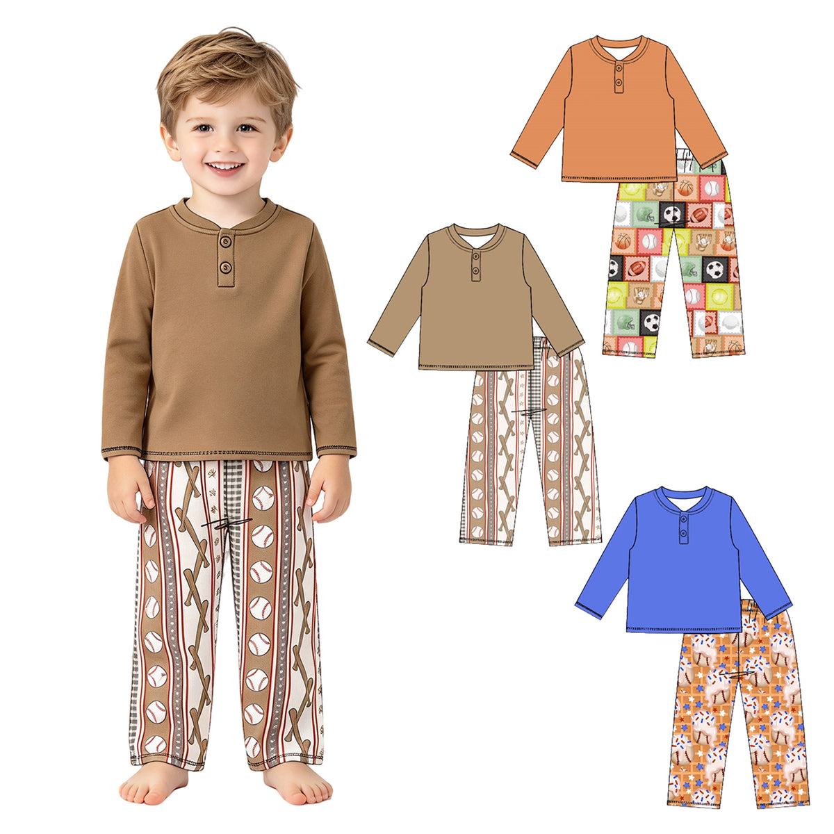 Preorder (moq 5) Baby Boy Clothes Baseball Waffle Donut Sprinkle Print Long Sleeve Henley Top Pant Set
