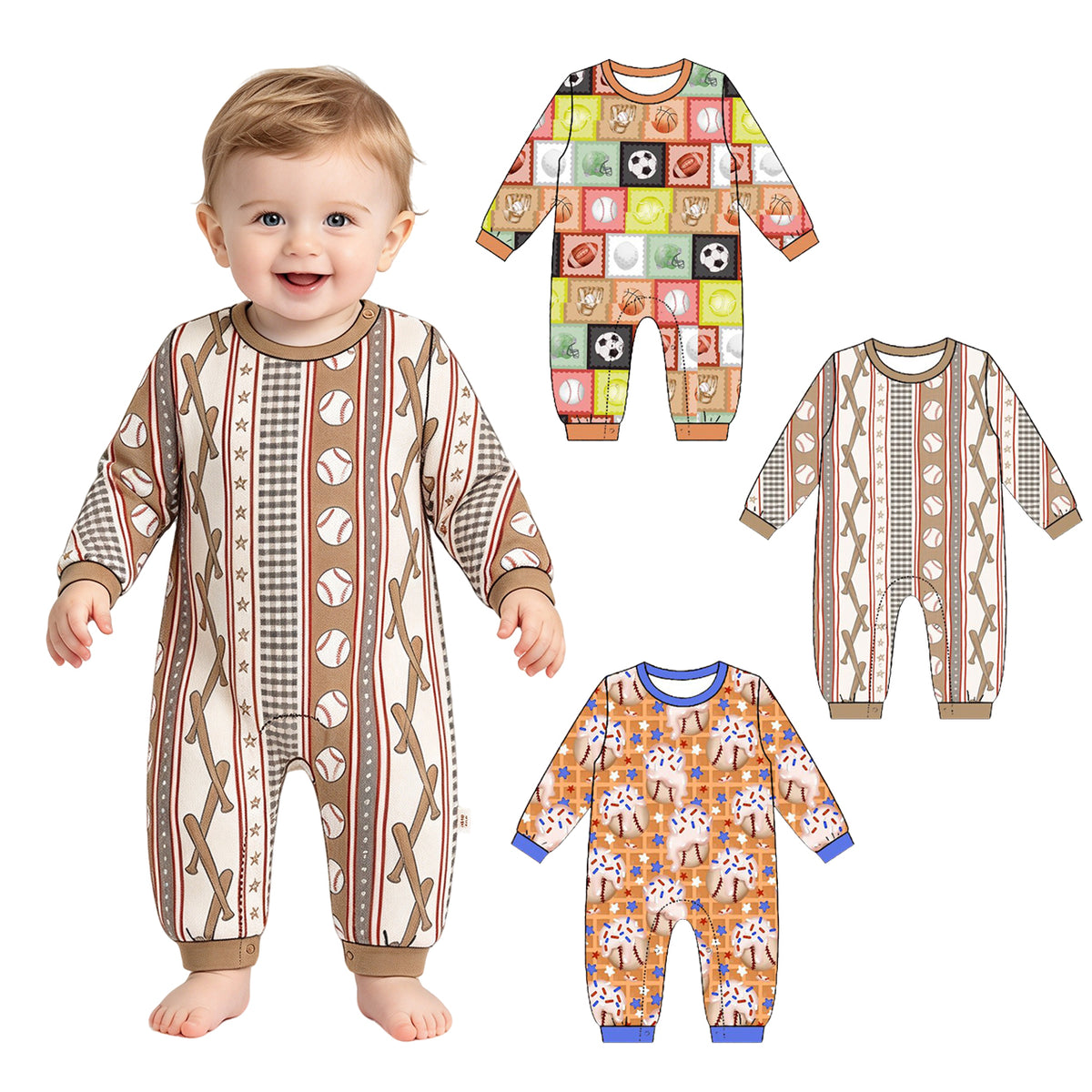 Preorder (moq 5) Baby Boy Clothes Multi Sport Ball Patchwork Print Long Sleeve Jumpsuit