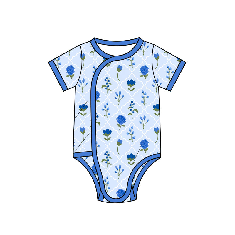 Preorder (moq 5) Baby Girl Clothes Blue Rose Lattice Mixed Print Short Sleeve Side Snap Bodysuit