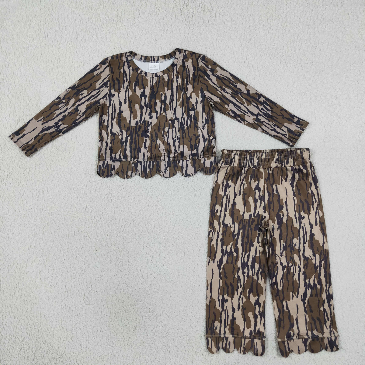 NO MOQ RTS GLP3660-scallop-bundle Baby Girl Clothes Tree Bark Camo Print Long Sleeve Scalloped Hem Outfit Set 202610