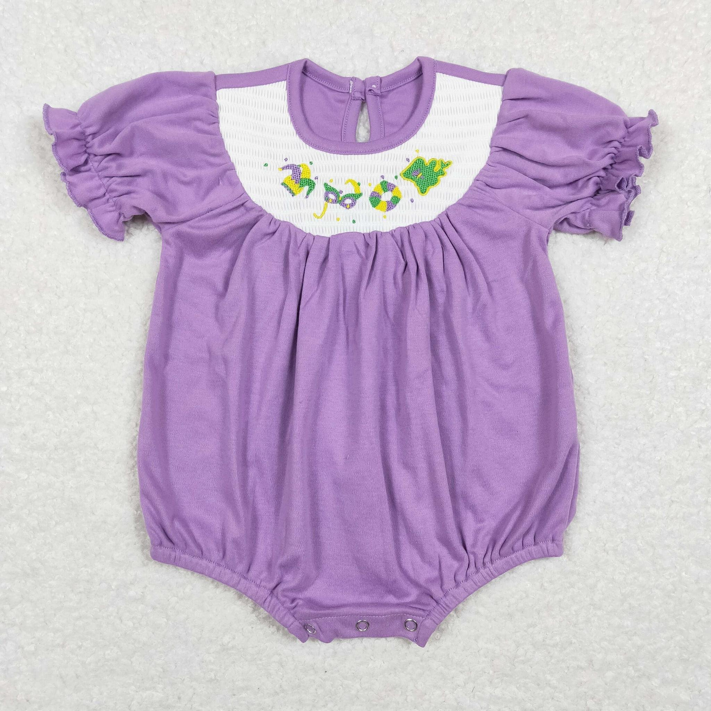 SR0472 RTS Mardi Gras purple smocked short sleeve girl romper 202312