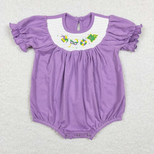 SR0472 RTS Mardi Gras purple smocked short sleeve girl romper 202312