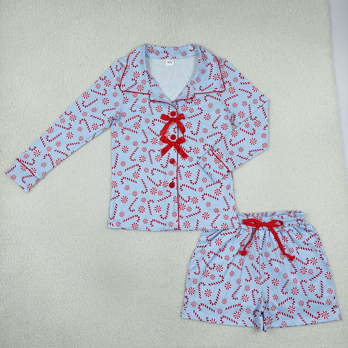 NO MOQ RTS GLS0116 Women Clothes Christmas Candy Cane Print Long Sleeve Top Shorts Pajama Set 202610
