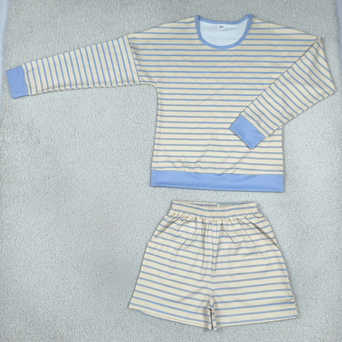 NO MOQ RTS GLS0138 Women Clothes Cream Light Blue Striped Print Long Sleeve Top Pocket Shorts Set 202610