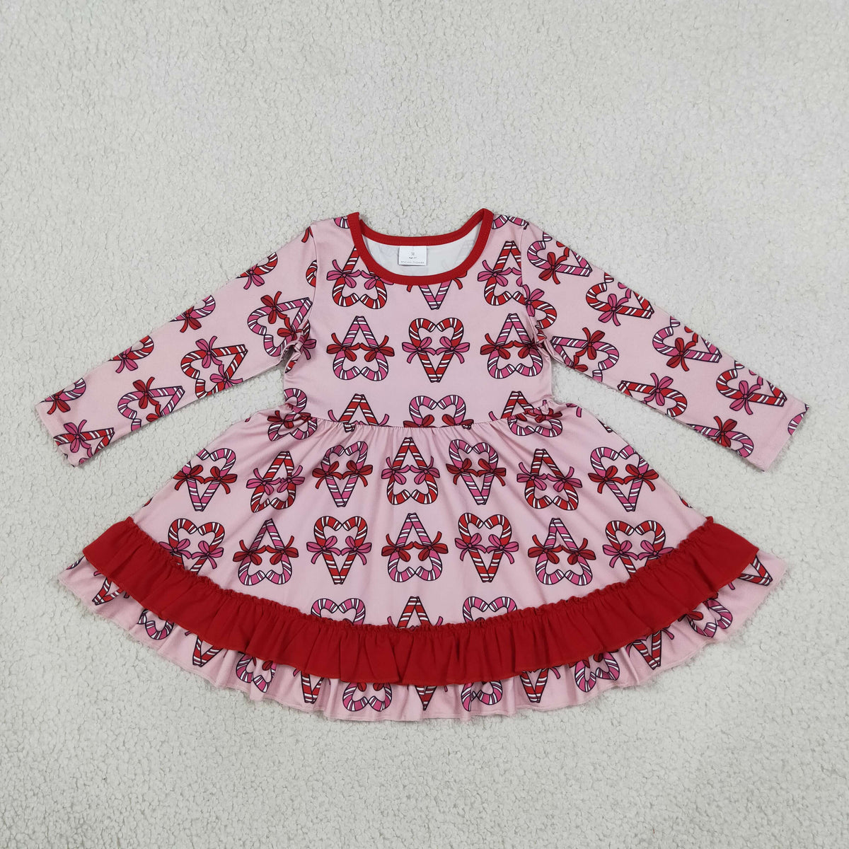NO MOQ RTS GLD1695 Baby Girl Clothes Candy Cane Heart Allover Print Long Sleeve Ruffle Dress 202610