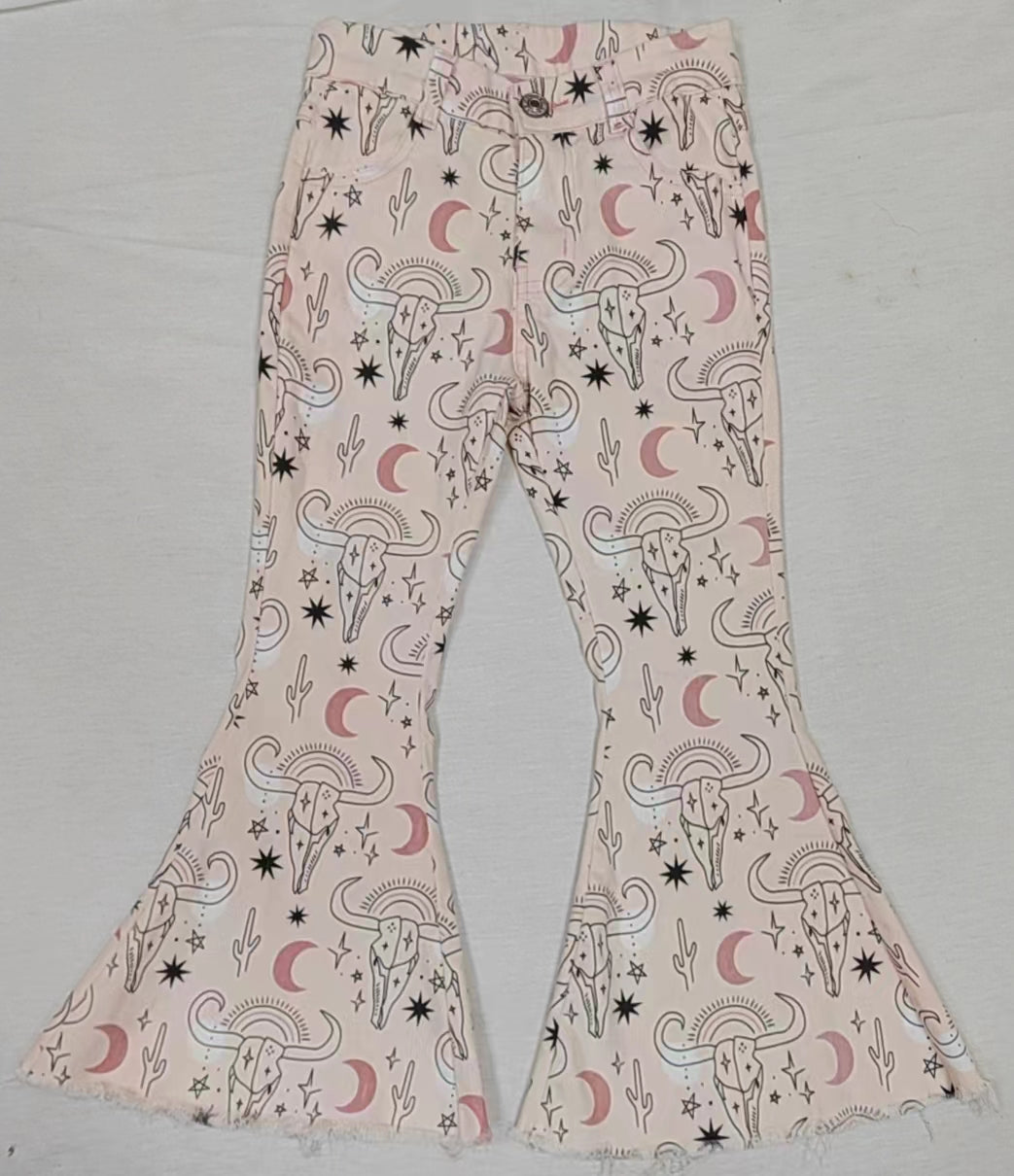 P0198 western pink cow buttons zip up jeans girl kids denim jeans bell pants preorder 20230703
