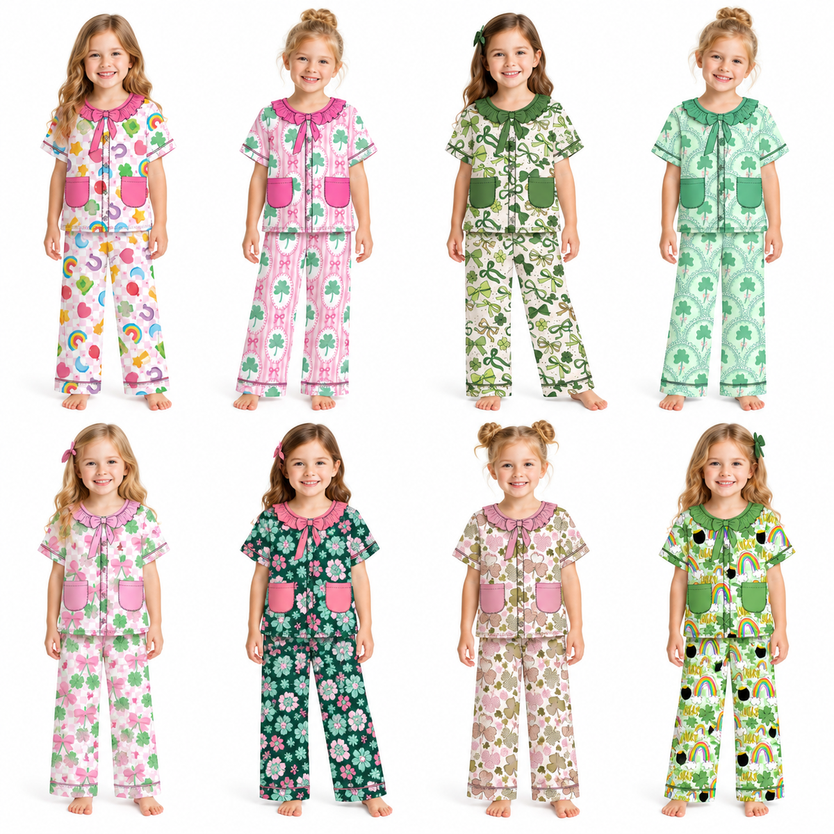 Preorder (moq 5) Girls St Patrick Pajamas Light Green Shamrock Lace Print Ruffle Collar Bow Short Sleeve Top Long Pants Set