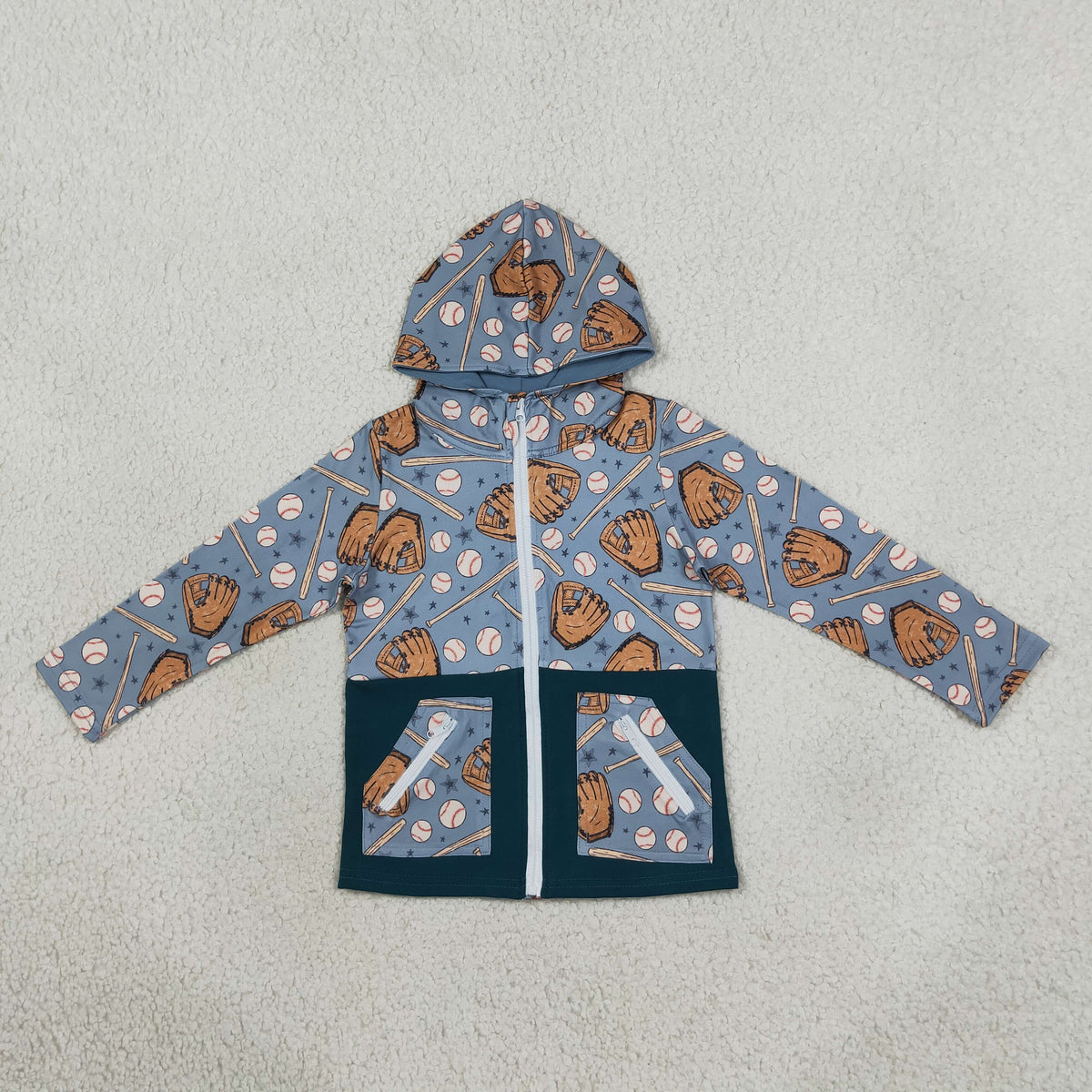NO MOQ RTS BT1342 Baby Boy Clothes Baseball Glove Bat Allover Print Long Sleeve Full Zip Hoodie 202610