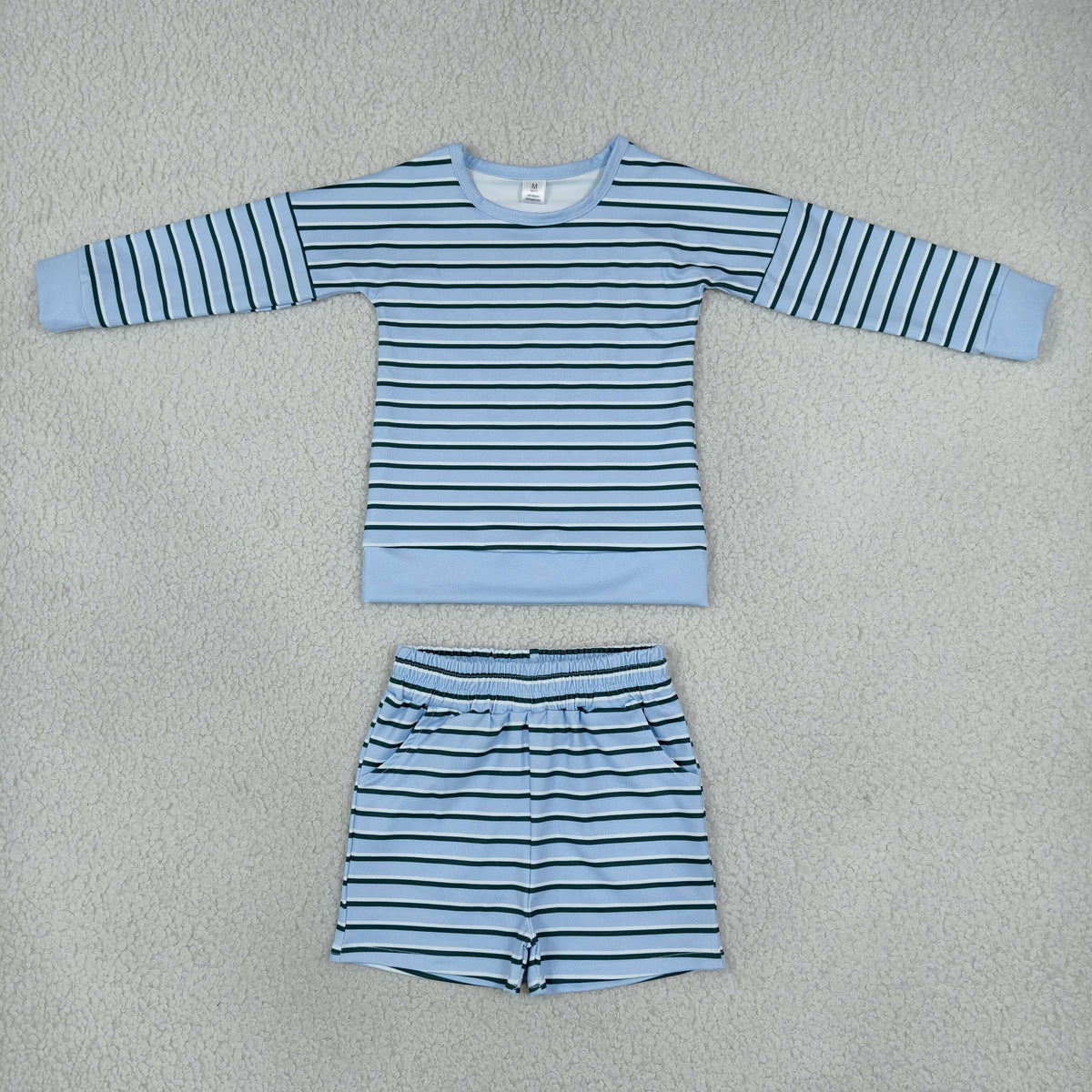 NO MOQ RTS GLS0133-yoga Baby Girl Clothes Blue Green Striped Print Long Sleeve Top Pocket Shorts Set 202610