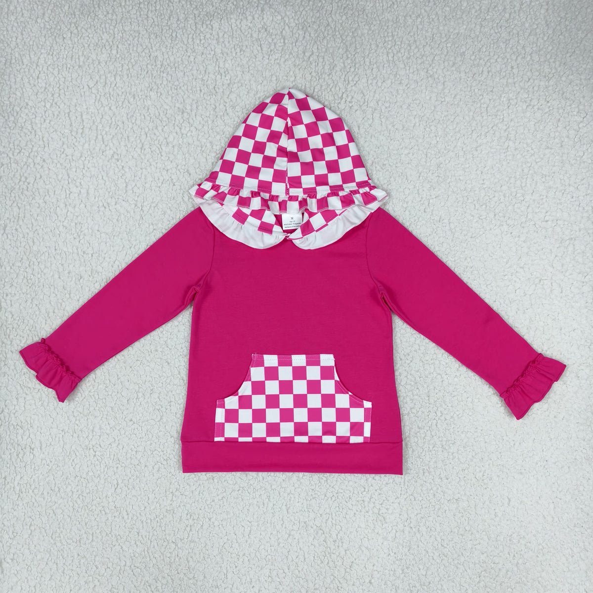NO MOQ RTS GT1851 Baby Girl Clothes Pink Checker Ruffle Print Long Sleeve Hood Top 202610