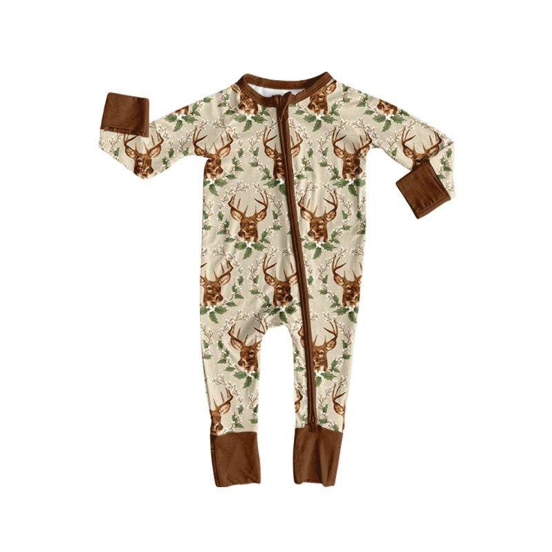 Preorder (moq 5) Baby Boy Clothes Deer Head Holly Leaf Allover Print Long Sleeve Zipper Baby Romper