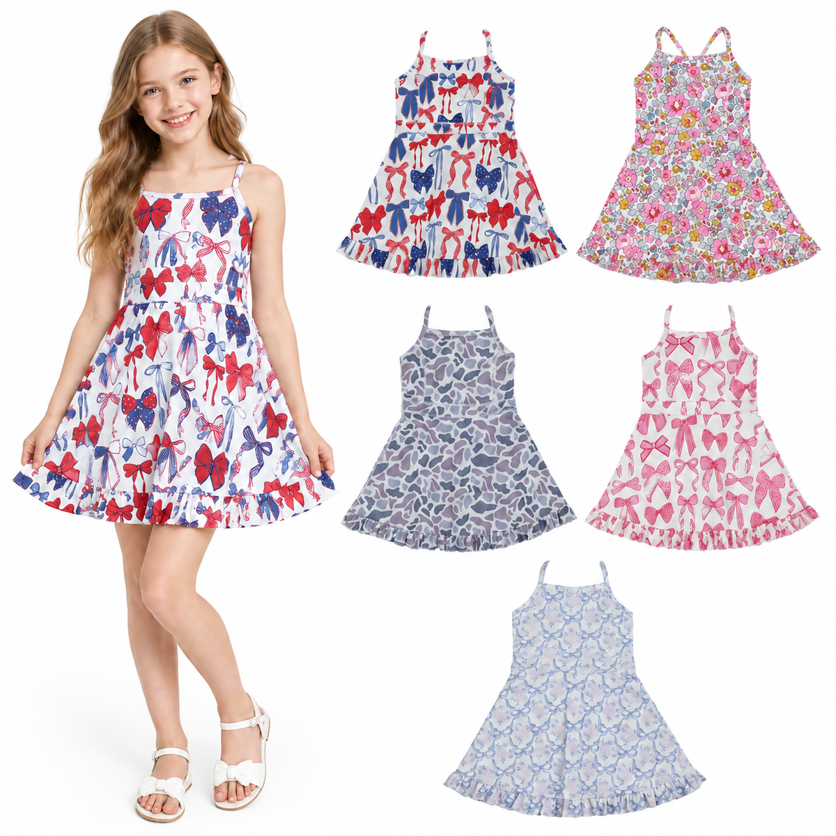 NO MOQ RTS GSD2278 Girl Clothes Vintage Floral Flower Print Sleeveless Criss Cross Strap Ruffle Hem Tennis Dress 202610