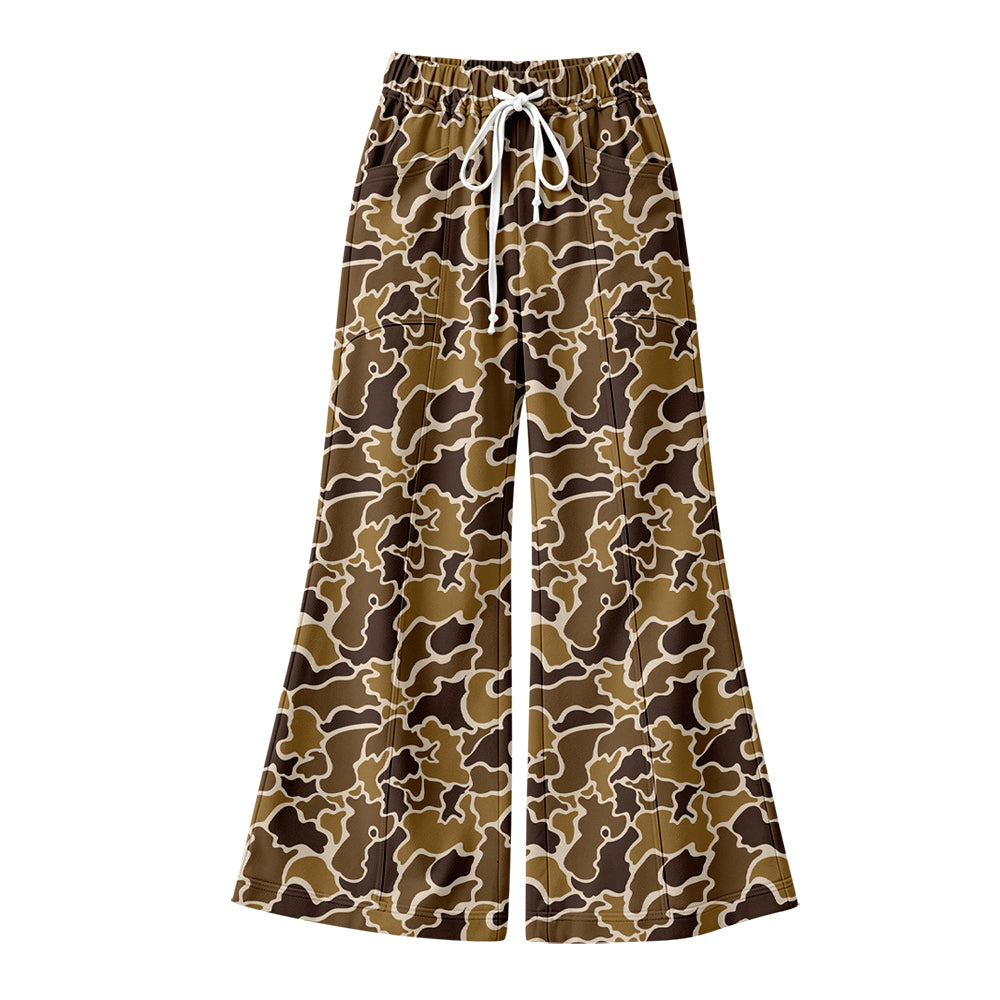 Preorder (moq 5) Baby Girl Clothes Brown Abstract Camo Allover Print Flare Wide Leg Pants