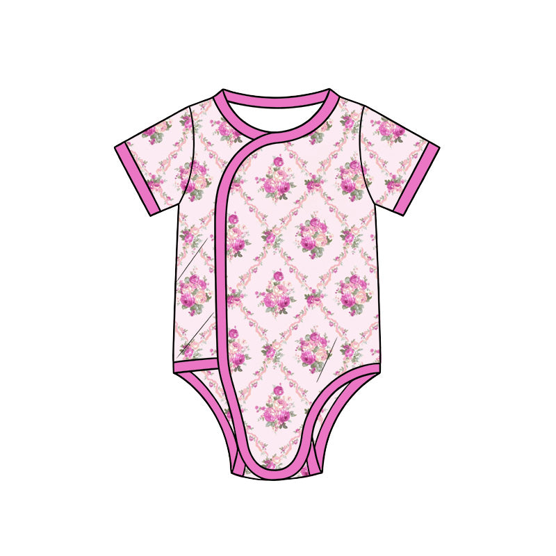 Preorder (moq 5) Baby Girl Clothes Pink Vintage Rose Mixed Print Short Sleeve Side Snap Bodysuit