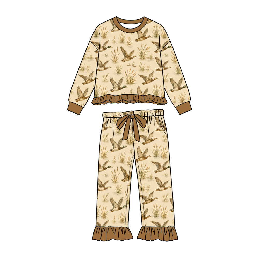 Preorder (moq 5) Baby Girl Clothes Retro Flying Mallard Duck Grass Print Long Sleeve Ruffle Top Ruffle Pant Set