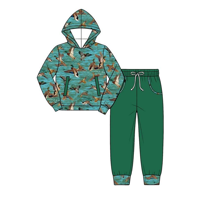 Preorder (moq 5) Baby Boy Clothes Realistic Mallard Duck Hunting Print Long Sleeve Hooded Top Jogger Pant Set