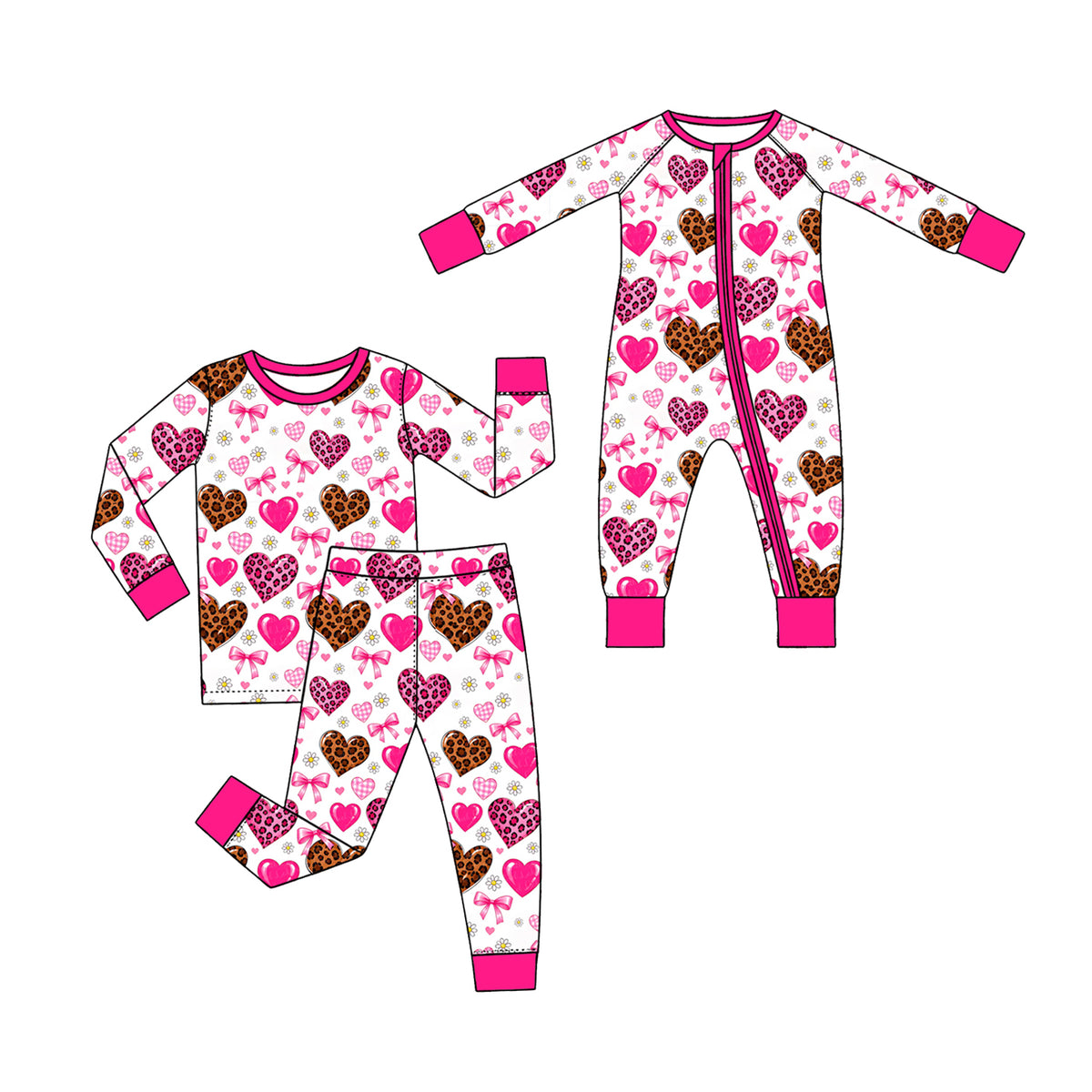Preorder (moq 5) GLP4021 Baby Girl Clothes Leopard Heart Bow Daisy Mixed Print Long Sleeve Pajama Set
