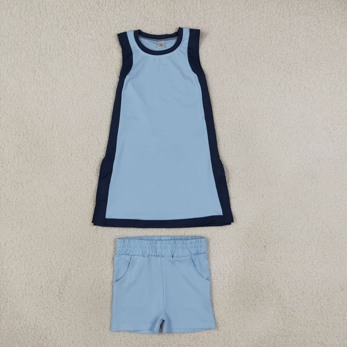 NO MOQ RTS GSSO3847(1)-yoga-bundle Baby Girl Clothes Color Block Sleeveless Dress And Solid Blue Shorts Set 202610