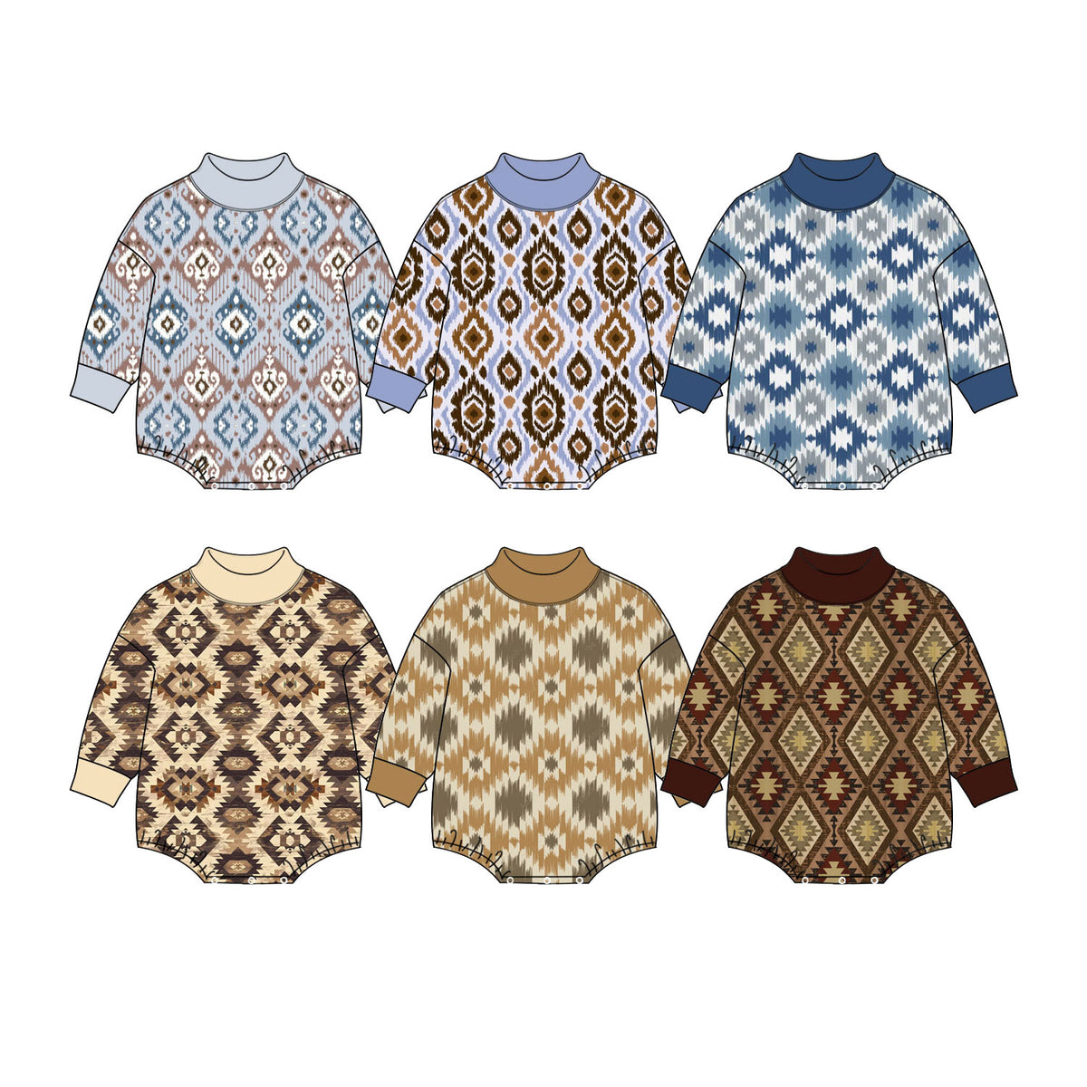 Preorder (moq 5) LR3421 Baby Unisex Clothes Southwest Aztec Ikat Pattern Print Long Sleeve Mock Neck Bubble Romper