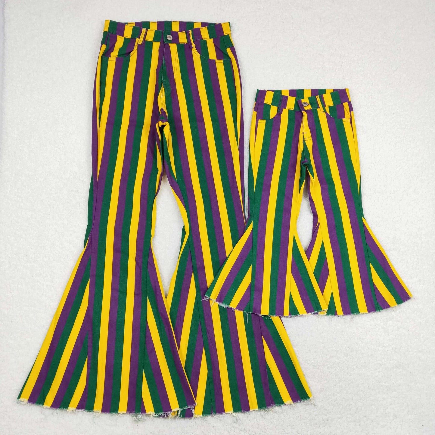 P0327 Mardi Gras green purple yellow stripes bell kids girl denim jeans RTS 202401