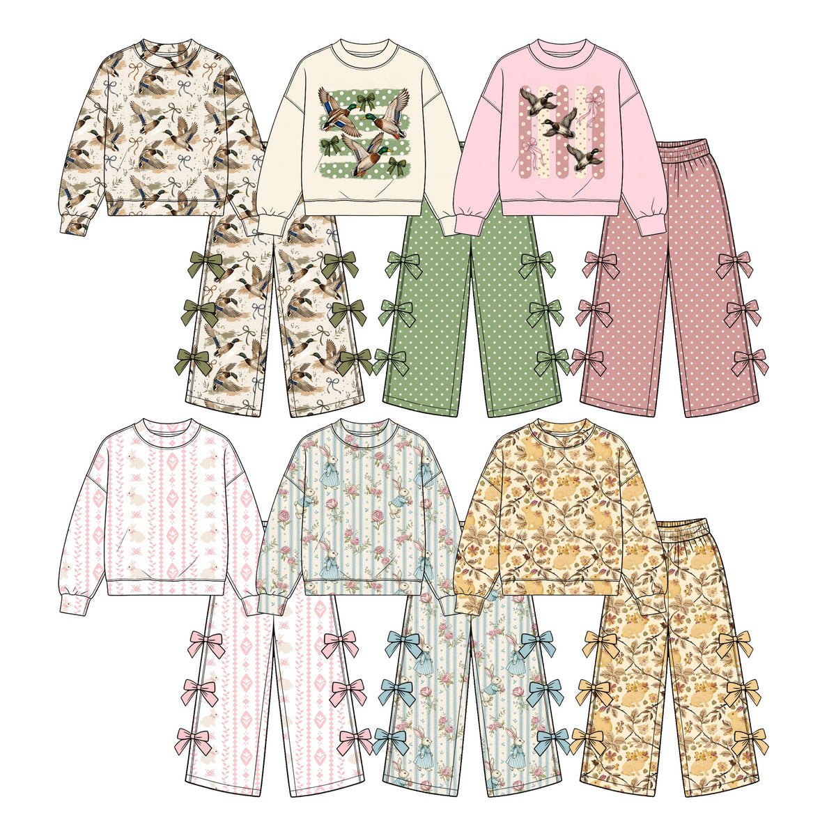 Preorder (moq 5) GLP4087 Baby Girl Clothes Duck Graphic Print Long Sleeve Top Green Bow Flare Pants Outfit Set