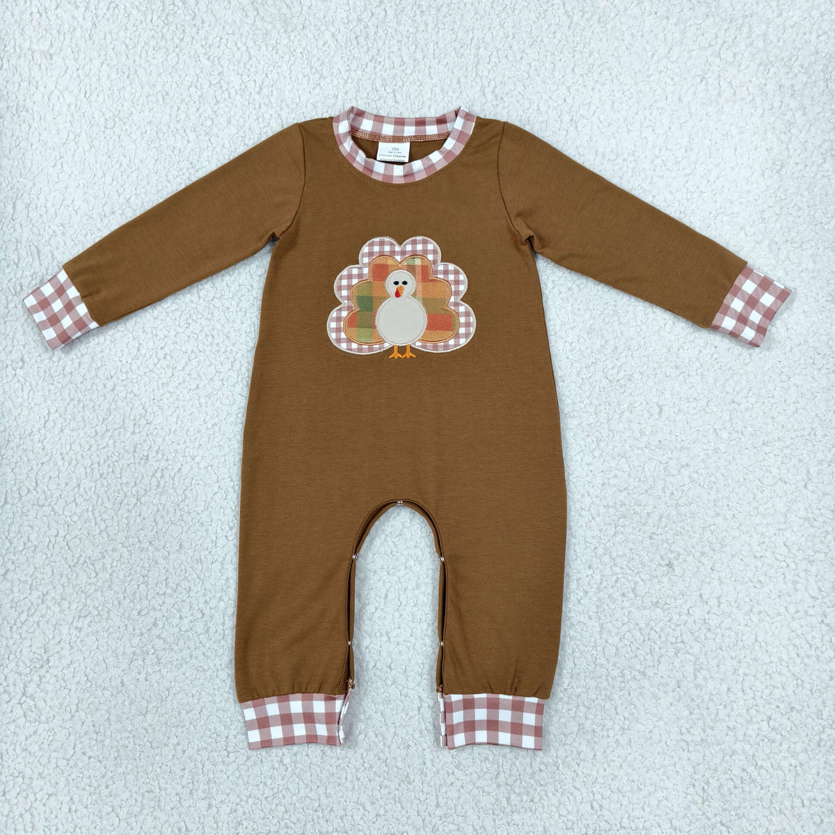 NO MOQ RTS LR3170-embroidery (2) Baby Girl Clothes Thanksgiving Turkey Plaid Applique Long Sleeve Romper 202610