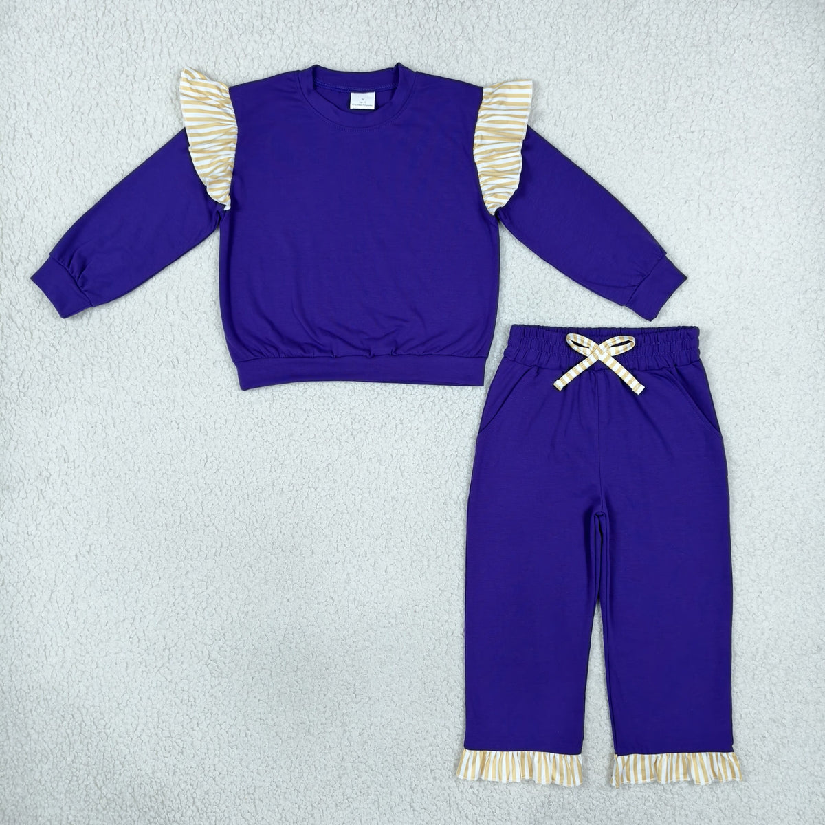 NO MOQ RTS GLP3699-bundle Baby Girl Clothes Solid Purple Striped Ruffle Accent Print Long Sleeve Top Straight Pant Set 202610
