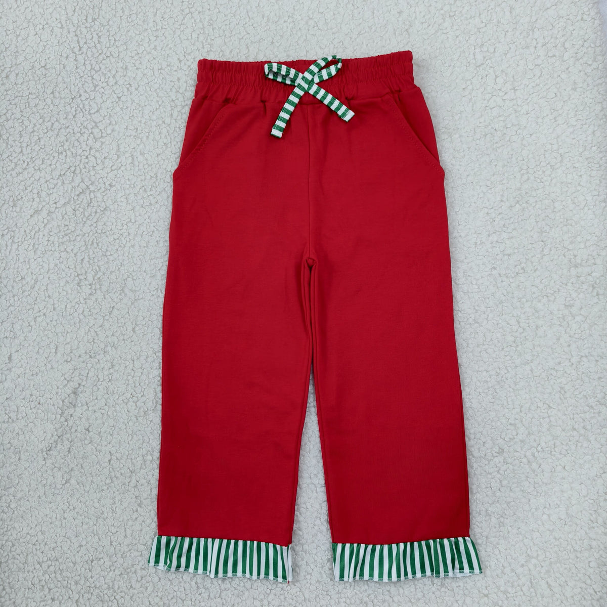 NO MOQ RTS P1153 Baby Girl Clothes Solid Red Green Stripe Ruffle Plain Long Pant 202610