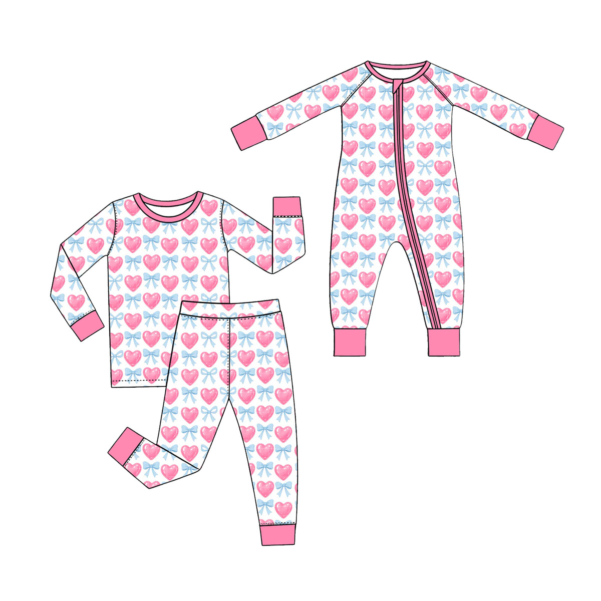 Preorder (moq 5) GLP4022 Baby Girl Clothes Pink Heart Blue Bow Mixed Print Long Sleeve Pajama Set