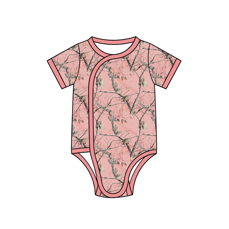 Preorder (moq 5) Baby Girl Clothes Pink Woodland Tree Camo Print Short Sleeve Side Snap Bodysuit