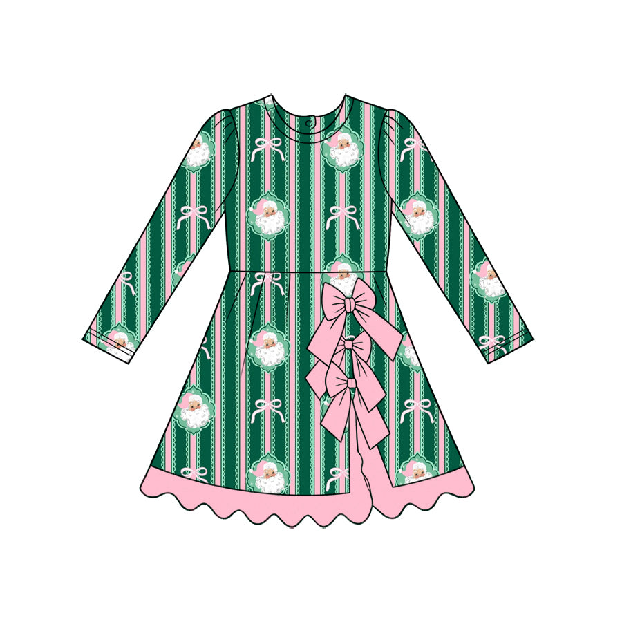 Preorder (moq 5) Baby Girl Clothes Christmas Santa Stripe Bow Mixed Print Long Sleeve Scalloped Hem Dress